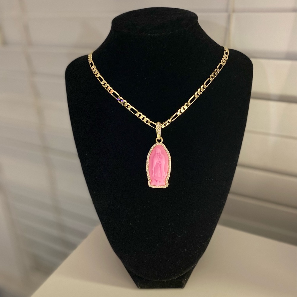 Plated Gold Pink Virgen Mary Pendant & Necklace